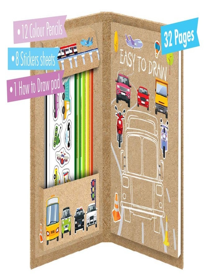 BRIJBASI Vehicles Easy to Draw Art and Craft Kit | 32 Colouring Pages, Stickers and 12 Colour Pencils | Drawing Book for Kids - Image 5